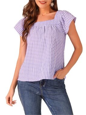 💜 Lavender Gingham Square-Neck Short Sleeve Top • NWT • 22" p2p, 26" length